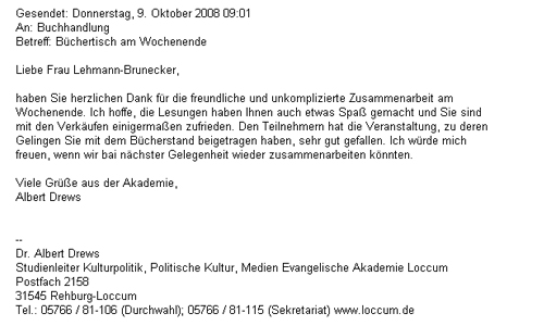 B�chertisch am Wochenende: Kundenreaktion von Dr. Albert Drews
