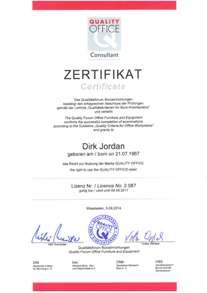 Zertifikat QUALITY Office Consultant - Qualit�tsforum B�roeinrichtungen 